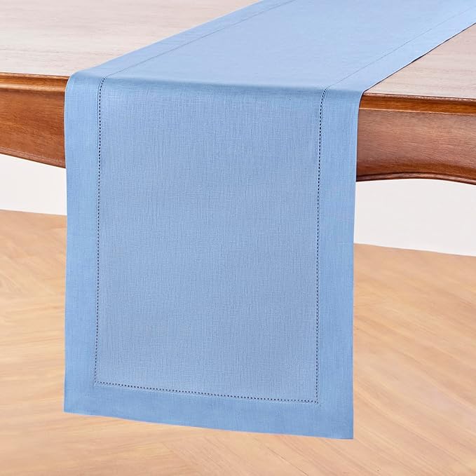 Solino Home Linen Cornflower Blue Table Runner 72 Inches Long - 100% Pure Linen Hemstitch Table Runner 14 x 72 Inch for Dresser, Dining, Christmas, Holiday - Classic Hemstitch