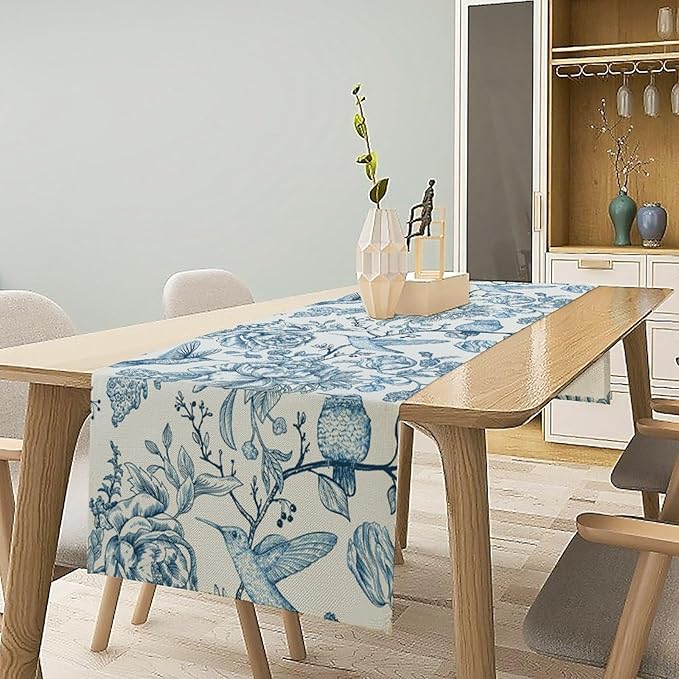 Blue White Table Runner Retro Monochrome Sketch Birds Flower Vintage Floral Kitchen Dining Table Decoration for Home Party Holiday 13"x70"