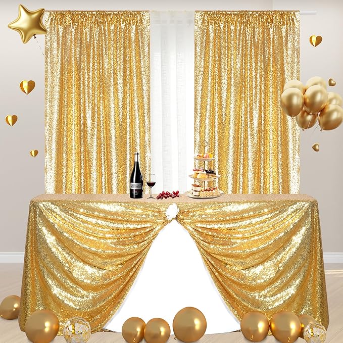 Poise3EHome Gold Sequin Backdrop Curtains,4 Panels 2FTx8FT Glitter Background for Party Birthday Party Baby Shower Wedding Christmas Thanksgiving Halloween Holiday Festival Decor