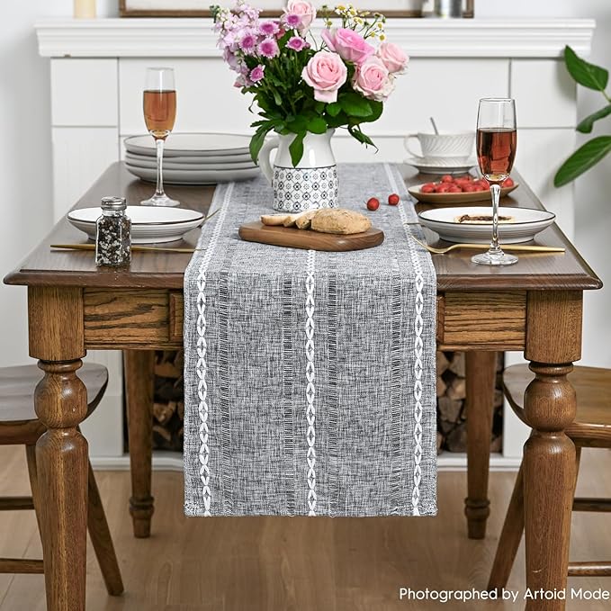 Artoid Mode Dark Grey Rustic Cotton Linen Table Runner, Seasonal Embroidered Hollow Kitchen Dining Table Decoration for Home Party Decor 13x72 Inch