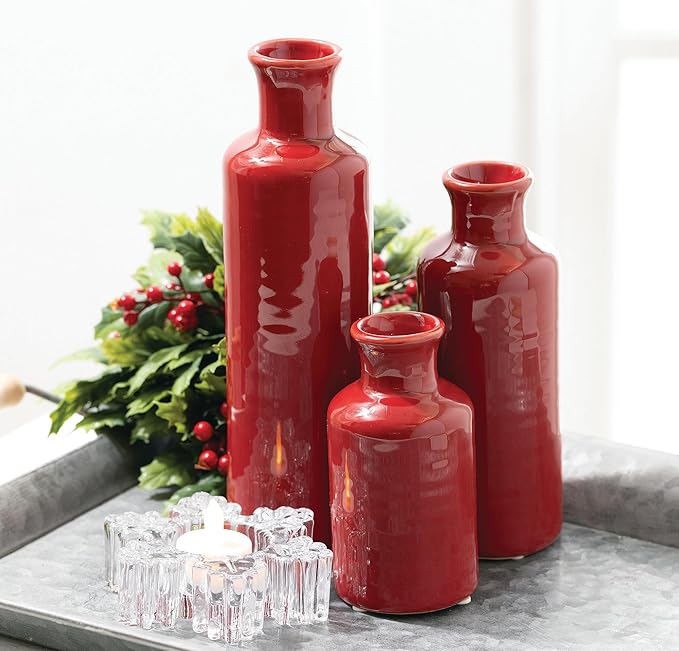 Sullivans Red Vase Set, Farmhouse Decor, Boho Aesthetic Room Decor Vases for Your Kitchen, Bedroom, Office, Living Room & Bathroom, Shelf Decor, Centerpiece Table Decorations (CM2407)