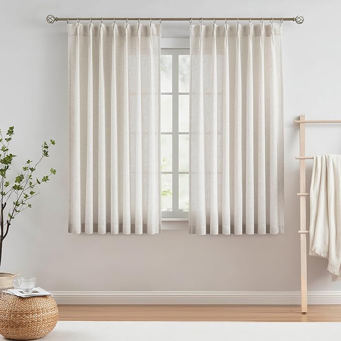 Vision Home Natural Pinch Pleated Semi Sheer Curtains Textured Linen Blended Light Filtering Window Curtains for Living Room Bedroom Pinch Pleat Drapes with Hooks 2 Panels 42" Wx63 L