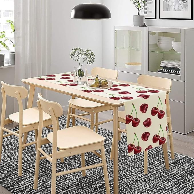 Red Cherry Table Runner Watercolor Spring Summer Wild Berry Tropical Fruit Theme Dinner Runner for Girl Baby Shower Party Holiday Home Kitchen Dining Table Decor 13x70