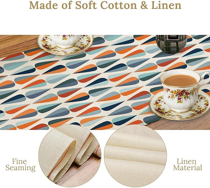 Mid Century Table Runner, Modern Style Retro Pattern Droplet Shapes Mosaic Tones Pattern Print for Home Kitchen Table Decor Dining Coffee Room Party Decor 13x60in
