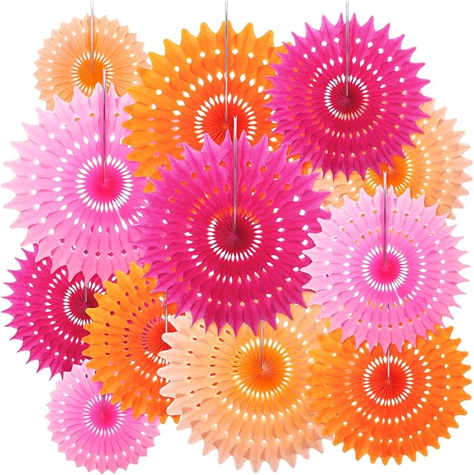 Outus 12 Pcs Hanging Honeycomb Paper Fans Sets, Fiesta Pink and Orange Party Decorations, Tissue Paper Flowers Supplies for Birthday Wall Classroom Wedding Bridal Photo Backdrop (14/10/6 Inch)