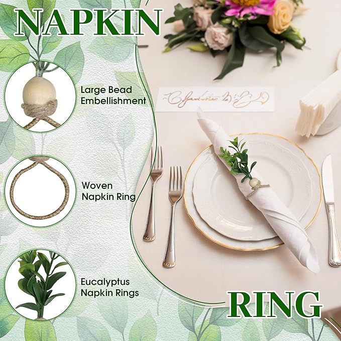 MAOANME Napkin Rings Set of 30, Rustic Eucalyptus Napkin Holder Rings with Wood Bead, Farmhouse Green Leaf Napkin Ring Bulk, Boho Napkin Ring for Wedding, Table Decor