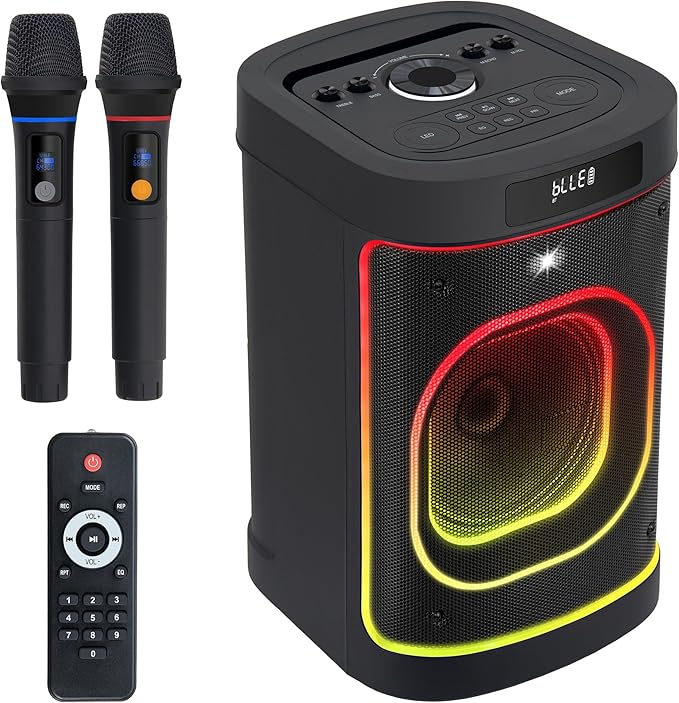 BeatGhost Karaoke Machine Portable Bluetooth Party Speaker 2 Rechargeable Wireless Microphones for Adults Kids 8" Subwoofer 225W Peak Powerful Loud Bass, LED Lights, TF USB AUX TWS