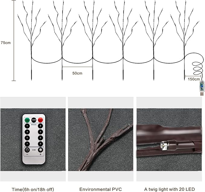 MENCH Branch Lights,6 Pcs Twig Light USB&Battery Powered 8 Flashing Modes by Remote Control.Branch Lights for Indoor, Light Up Decorations for Halloween Day and Christmas,Pink