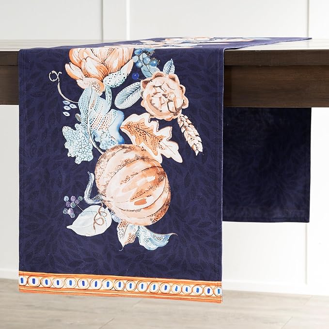 Maison d' Hermine Table Runner 100% Cotton Double Layer Table Runners 72 inches Long for Thanksgiving Christmas Decorations Home Kitchen Dining Party Wedding (Pumpkin Blues, 14.5" x 72")