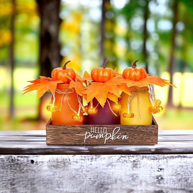 Thanksgiving Decorations Indoor 3 PCS, Thanksgiving Table Decor with Wooden Boxes, Thanksgiving Fall Centerpiece Mason Jars with Pumpkin Decor Lights for Home, Office, Kitchen