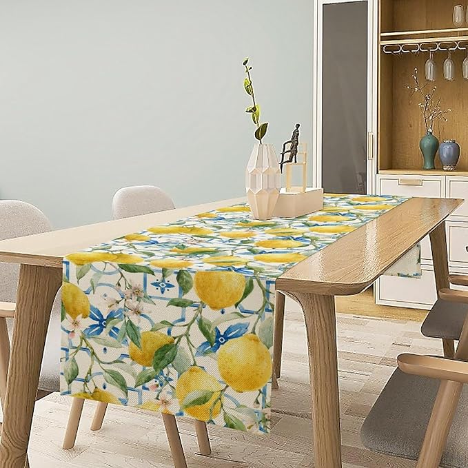 Lemon Table Runner,Watercolor Fruit Green Leaves Spring Summer Table Cloth Kitchen Dining Table Home Party Decoration 13x120 Inch