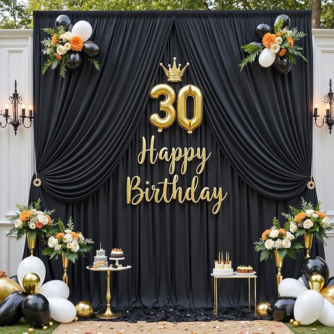 30ftx10ft Wrinkle Free Black Backdrop Curtain for Parties, 6 Panels 5x10ft Silky Polyester Photo Backdrop Drapes Back Drop Cloth for Wedding Birthday Photography Background Decor