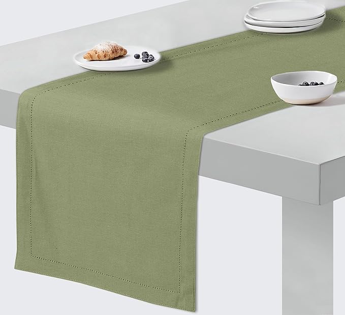 Ruvanti Linen Table Runner 108 Inches, Classic Hemstitch, Washable, Reusable, Non-Slipping, Stain Resistant- Perfect for Parties, Weddings, Dinners, Thanksgiving, Christmas, Indoor use – Olive
