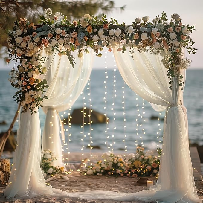 Fomcet Tulle Curtains with Lights String Ivory 20FT X 8FT Sheer Backdrop Curtains for Parties Wedding Baby Shower Photo Shoot Decorations (4 Panels 5 x 8FT)