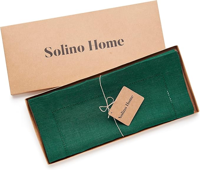 Solino Home Linen Rainforest Green Table Runner 72 Inches Long - 100% Pure Linen Hemstitch Table Runner 14 x 72 Inch for Dresser, Dining, Fall, Autumn, Thanksgiving, Christmas - Classic Hemstitch