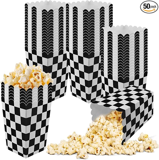 50 Pcs Checkered Popcorn Boxes Mini Paper Popcorn Bags for Race Car Party for Movie Nights Birthday Wedding (Black Checkered)