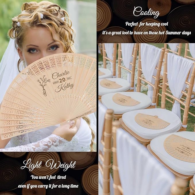 10 PCS Custom Fans Personalized Folding Fans for Line Dancing Wooden Hand Fan Wedding Favors Bulk Fans for Guests Party Event Use (Style12)