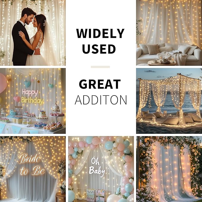 White Tulle Backdrop Curtain with Lights String - 10x10ft Sheer Backdrop with 300 LEDs for Wedding, Baby Shower, Bridal Shower, Birthday Party Photo Shoot Background and Home Decorations