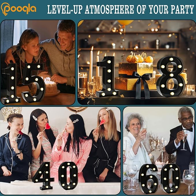 Pooqla Decorative Led Light Up Number Letters, Black Plastic Marquee Number Lights Sign for 30th Birthday Party Wedding Decor Battery Operated Black Decoration 30