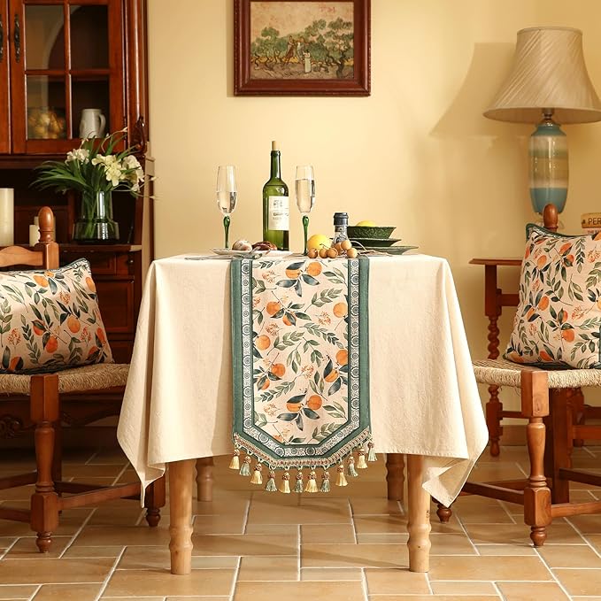 patdrea Designer Vintage Fresh Farmhouse Extra Long Linen Table Runner 118 Inch Long, Green and Orange Pattern Table Mat, Decor for Kitchen Dining Table Coffee Table Cabinet Christmas,16"*118"