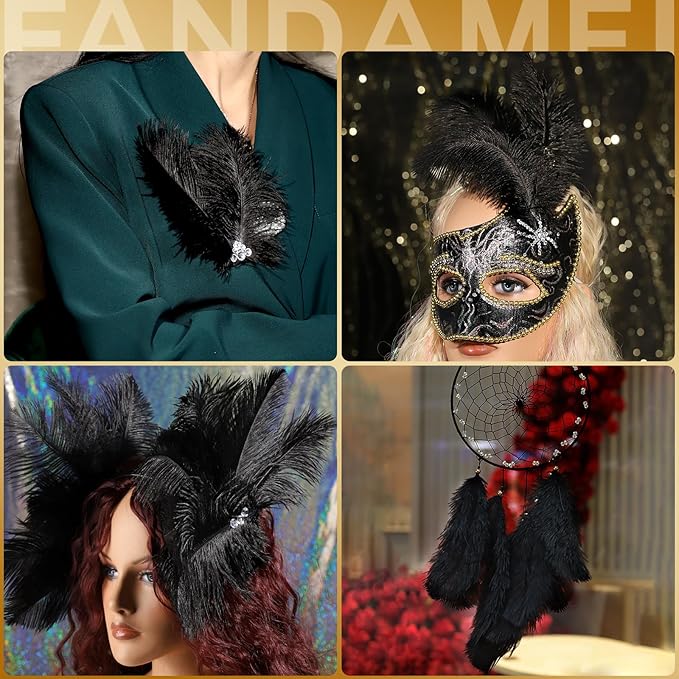 FANDAMEI Black Ostrich Feathers, 12 Pcs Black Feathers, 10-12 inch (25-30 cm), Feathers for Crafting, Craft Feathers for Centerpieces Table Decorations, Home Decorations, Black Party Decorations
