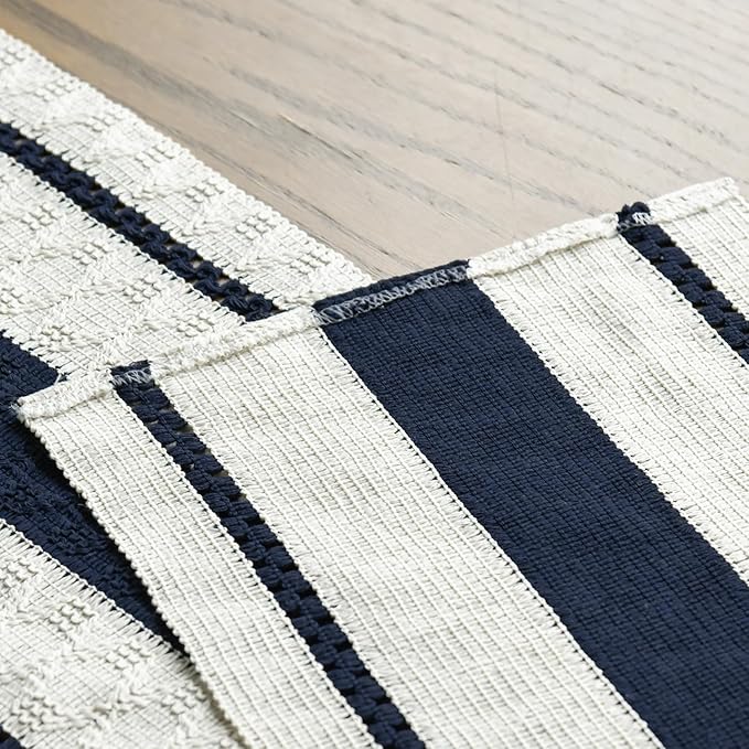 Artoid Mode Dark Blue Farmhouse Woven Rustic Table Runner, Seasonal Holiday Hollow Kitchen Dining Table Decoration for Home Party Decor 12x108 Inch