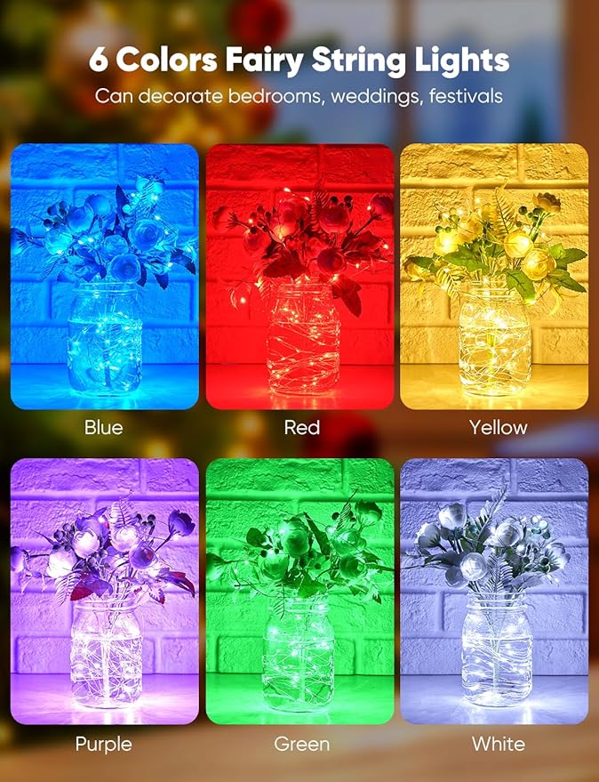 Minetom 12 Pack Fairy Lights Battery Operated String Lights, 8 Modes & Timer, 7ft 20LED 6 Colors Waterproof Silver Wire Twinkle Lights, Firefly Starry Moon Lights for Mason Jars DIY Christmas Wedding