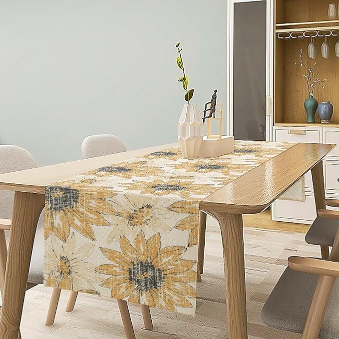 Chrysanthemum Vintage Floral Table Runner, Elegant Grunge Orange Sunflower Spring Summer Elegant Pattern Artichokes Flower Table Runner for Party Kitchen Dining Living Room Decor, 13x60 Inch