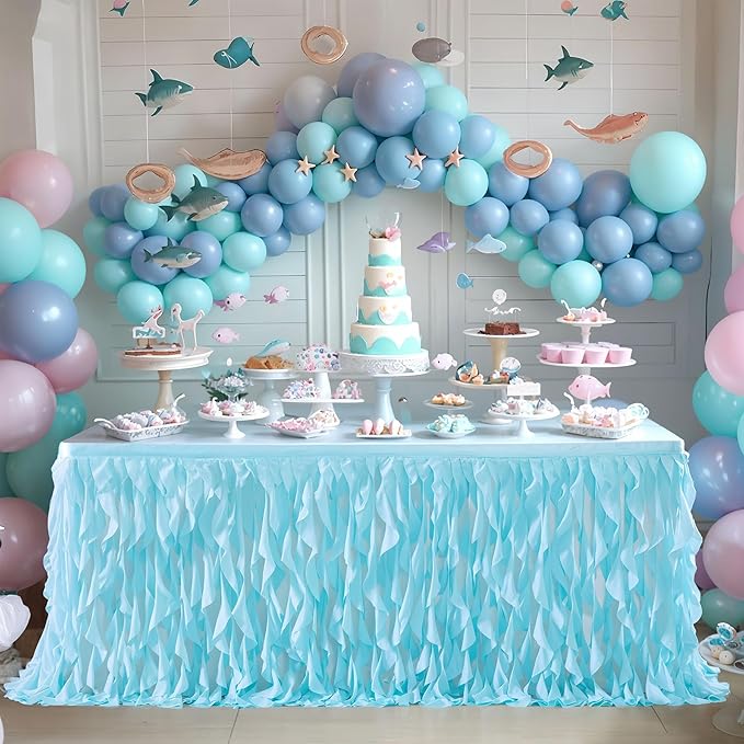 Partisky Aqua Blue Tulle Curly Willow Table Skirt for Rectangle Table 17ft, Ruffle Tutu Table Cloth for Boys Baby Shower,Birthday Party Candy Cake Tables