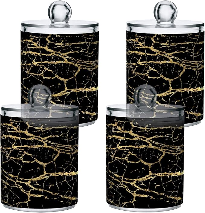 Qtip Holder Dispenser 2 Pack Gold Black Marbling Bathroom Decorative Storage Canister Holder Counter Vanity Organizer for Cotton Ball Swabs Pads Floss