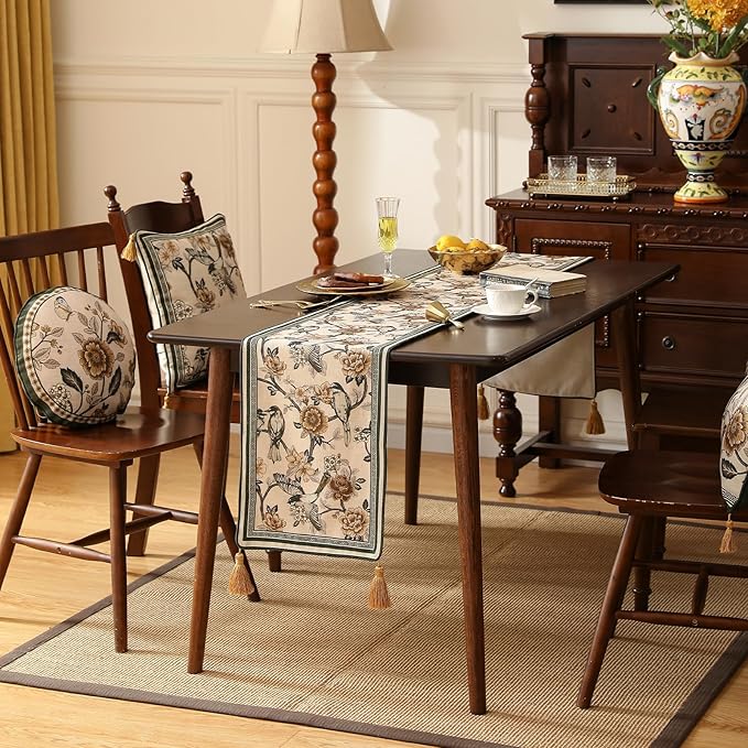 ISAENNE Designer Vintage Beige Linen Table Runner 102 Inches Long,Elegant Floral and Bird Pattern Decor Table Runners for Dining Tables,Thanksgiving,Christmas,Banquet,Party,12"*102"-Murad A