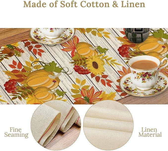 Autumn Table Runner,Seasonal Pumpkins Thanksgiving Kitchen Dining Table Decoration for Home Party Decor 13x60 Inch