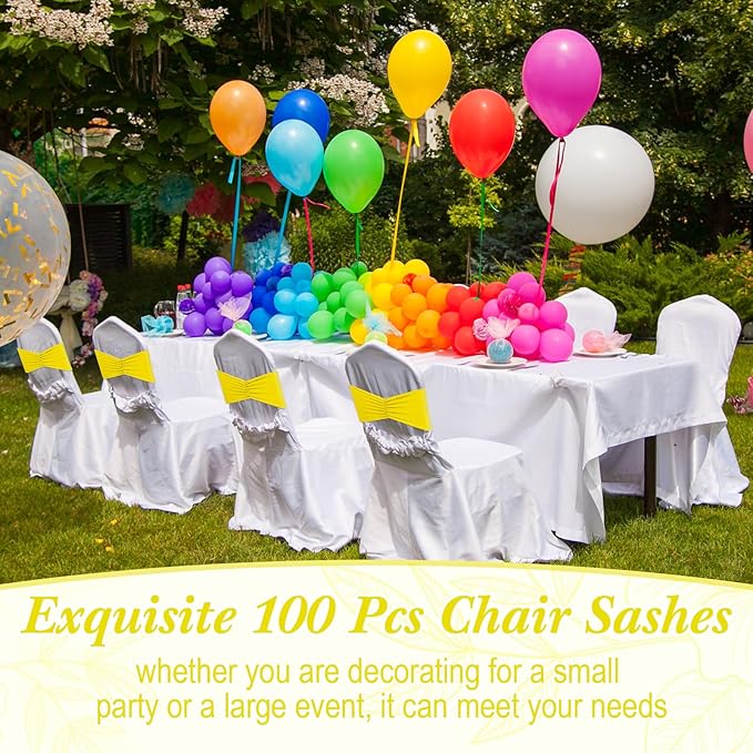 Moukeren 100 Pcs Spandex Chair Sashes Bows Bands Slider Sashes for Chair Covers Elastic Bands Ties Ribbon Decorations for Wedding Party Events Ceremony Birthday Banquet(Yellow)