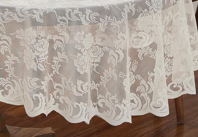 LinenZone Ivory Round Tablecloth for Rustic Vintage Decor. Sheer Lace Tablecloth Works Great As Wedding Table Cloth or Christmas Table Cover (Mia 48 Round, Ivory)