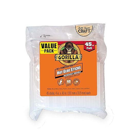 Gorilla Hot Glue Sticks, Clear Glue, Full Size 4" Long x 0.43" Diameter, 45 Count (Pack of 1) - Safe for All Temperatures with Extended Working Time