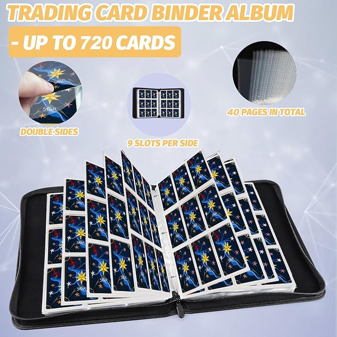 Trading Card Binder, Premium 9 Pocket Card Binder, 720 Double Sided Pocket PU Collection Binder, Collector Album, Card Holder for MTG, TCG, Sports Cards (Black)