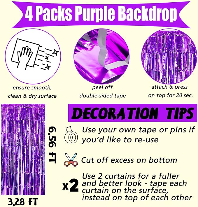 4 Pack Purple Fringe Curtain Backdrop, 3.2Ft x 6.6Ft Metallic Tinsel Foil Fringe Streamers Curtains Background for Photo Booth Birthday Wedding Baby Shower Party Thanksgiving Christmas Decorations