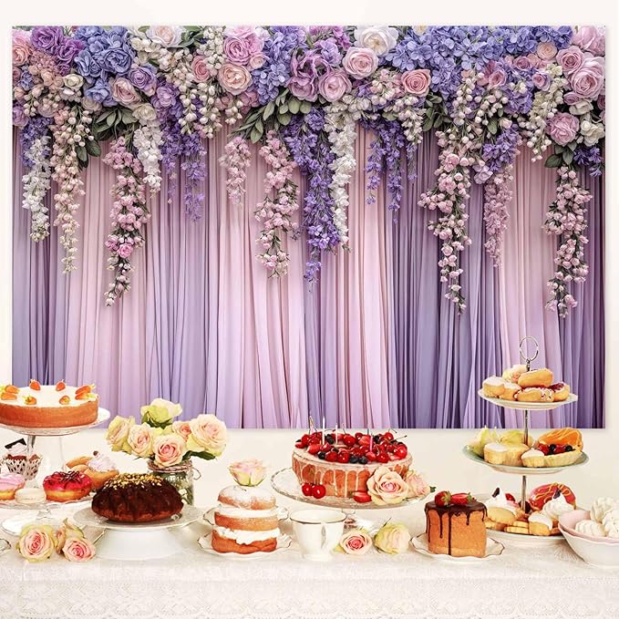 15x10ft Purple Flower Wedding Photography Backdrop Lavender Floral Wedding Bridal Photography Backdrop Anniversary Birthday Baby Shower Girl Party Banner Photo Booth Props Background Wall Decor