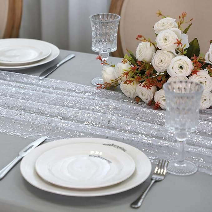 Snowkingdom 3 Pcs 10 FT Silver Cheesecloth Table Runner, 120 Inch Sheer Chiffon Gauze Runner, Sequin Glitter Silver Table Decoration Centerpieces for Wedding Birthday Christmas Bridal Baby Shower