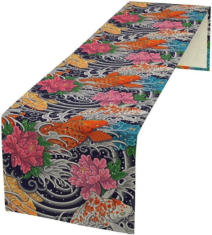 Japanese Retro Flowers Table Runner Oriental Tradition Kio Fish Art Printed Burlap Runner Home Kitchen Dining Table Living Room Decor Fabric 1 Panel W13xL60in