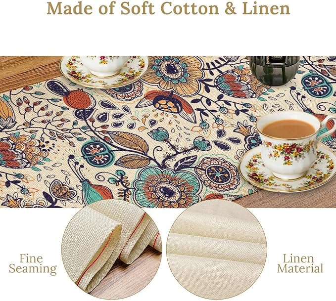 Boho Floral Table Runner,Vintage Flowers Tropical Plants Country Style Table Cloth Kitchen Dining Table Home Party Decoration 13x72 Inch