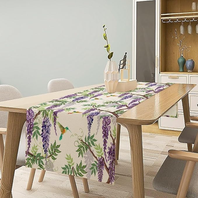 Vintage Bird Flower Table Runner Seasonal Spring Purple Wisteria Garden Plants Lavender Florals Farmhouse Country Kitchen Dinner Runner Dining Table Decoration for Home Party Holiday 13"x108"