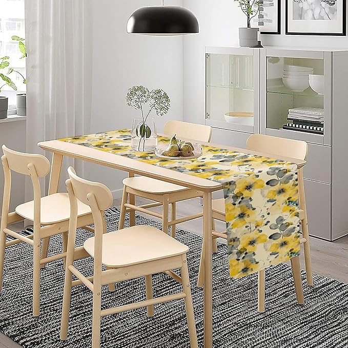 Floral Table Runner,Yellow Flowers Spring Print Table Cloth Kitchen Dining Table Home Party Decoration 13x120 Inch