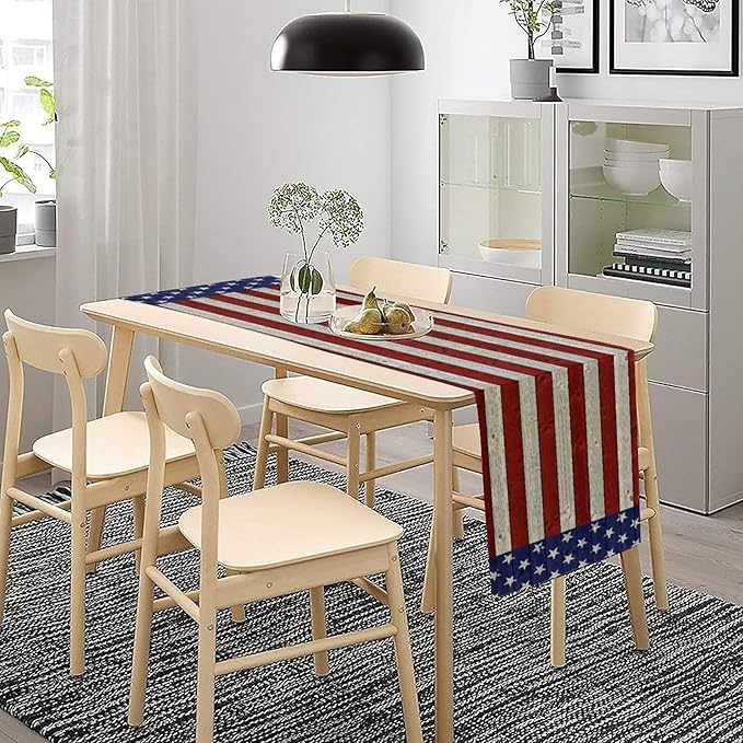American Flag Table Runner, 4th of July USA Rustic Vintage Wooden Blue Red Stars Stripes Print Table Runner for Farmhouse Kitchen Dining Table Decor, 13x60inch