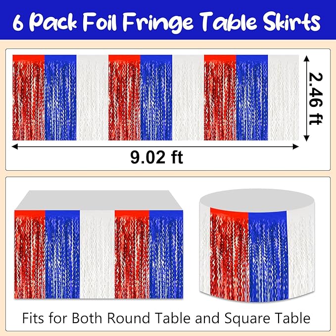 6 Pack 29 x108 Inch White Blue Red Wave Foil Fringe Table Skirts Metallic Banner for Tinsel Streamer Garland Backdrop for Parade Floats, Mother's Day, Easter, Wedding, Birthday Party Decoration