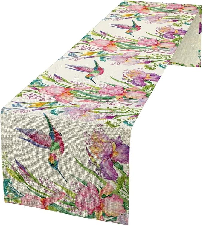 Hummingbird Table Runner,Pink Floral Country Style Table Runner for Kitchen Dining Table Home Party Decoration 13x60 Inch