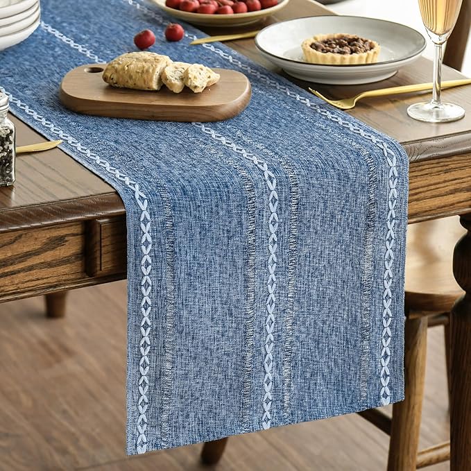 Artoid Mode Blue Rustic Cotton Linen Table Runner, Seasonal Embroidered Hollow Kitchen Dining Table Decoration for Home Party Decor 13x90 Inch