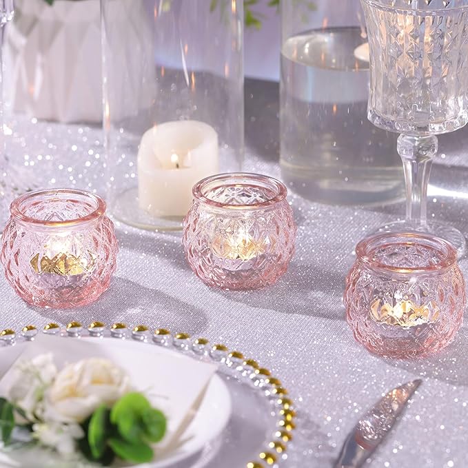 DARJEN 12Pcs Pink Votive Candle Holders - Round Glass Candle Holders for Flameless LED Tea Waxes, Romantic Candle Holder for Wedding & Home Table Decor, Various Parties