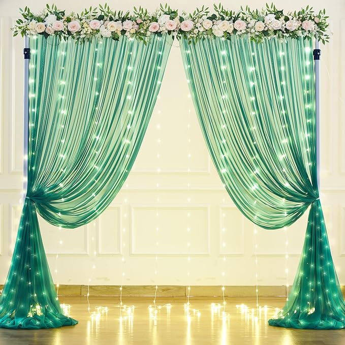 Hunter Green Tulle Backdrop Curtains with Lights String for Parites 10x10ft Sheer Backdrop Curtains Drapes for Birthday Party Bridal Shower Baby Shower Photo Booth Background Decorations