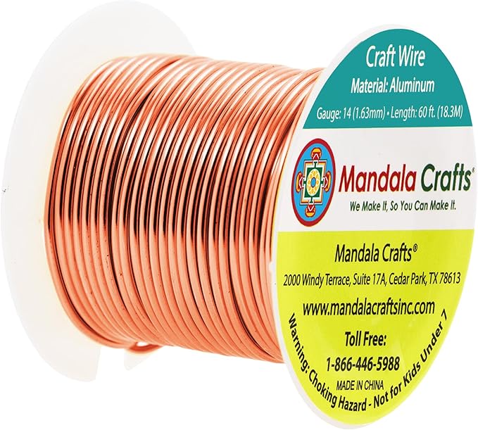 Mandala Crafts 14 Gauge Anodized Aluminum Craft Wire for Jewelry Making - 60 FT Colored Flexible Copper Tone Wire - Bendable for Bonsai Armature Crafting Sculpting